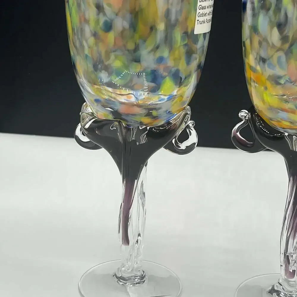 Jozefina Krosno Poland Wine Set of 2 Glass Goblets Multi Color Confetti  9